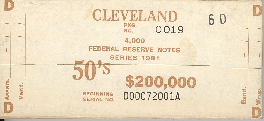 Fr.2120-D, BEP $200,000 Brick Packaging Label, 1981 Cleveland $50 FRNs, D-A Block